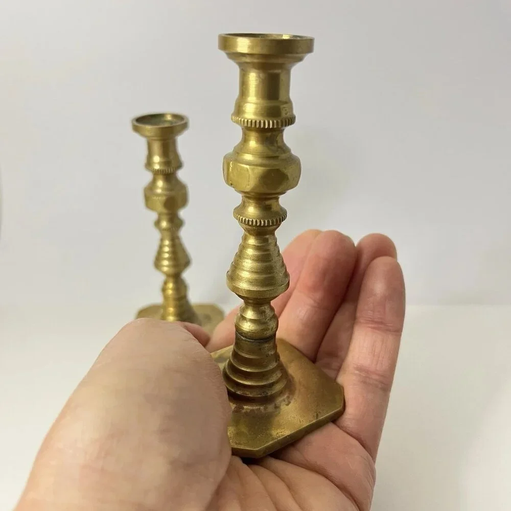 Vintage Mini Solid Brass Candlesticks Pillar Candle Holders Art Deco 2 Pc